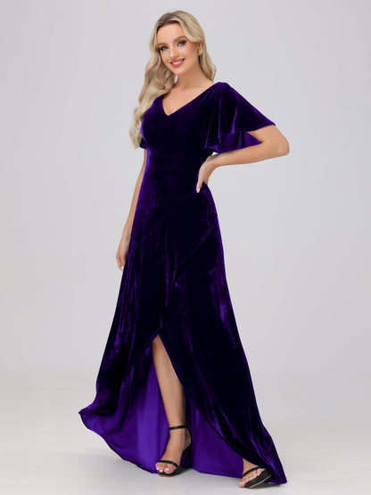 V-Neck Short Sleeves Ruffles Velvet Bridesmaid Dresses