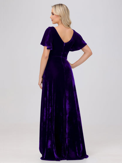 V-Neck Short Sleeves Ruffles Velvet Bridesmaid Dresses