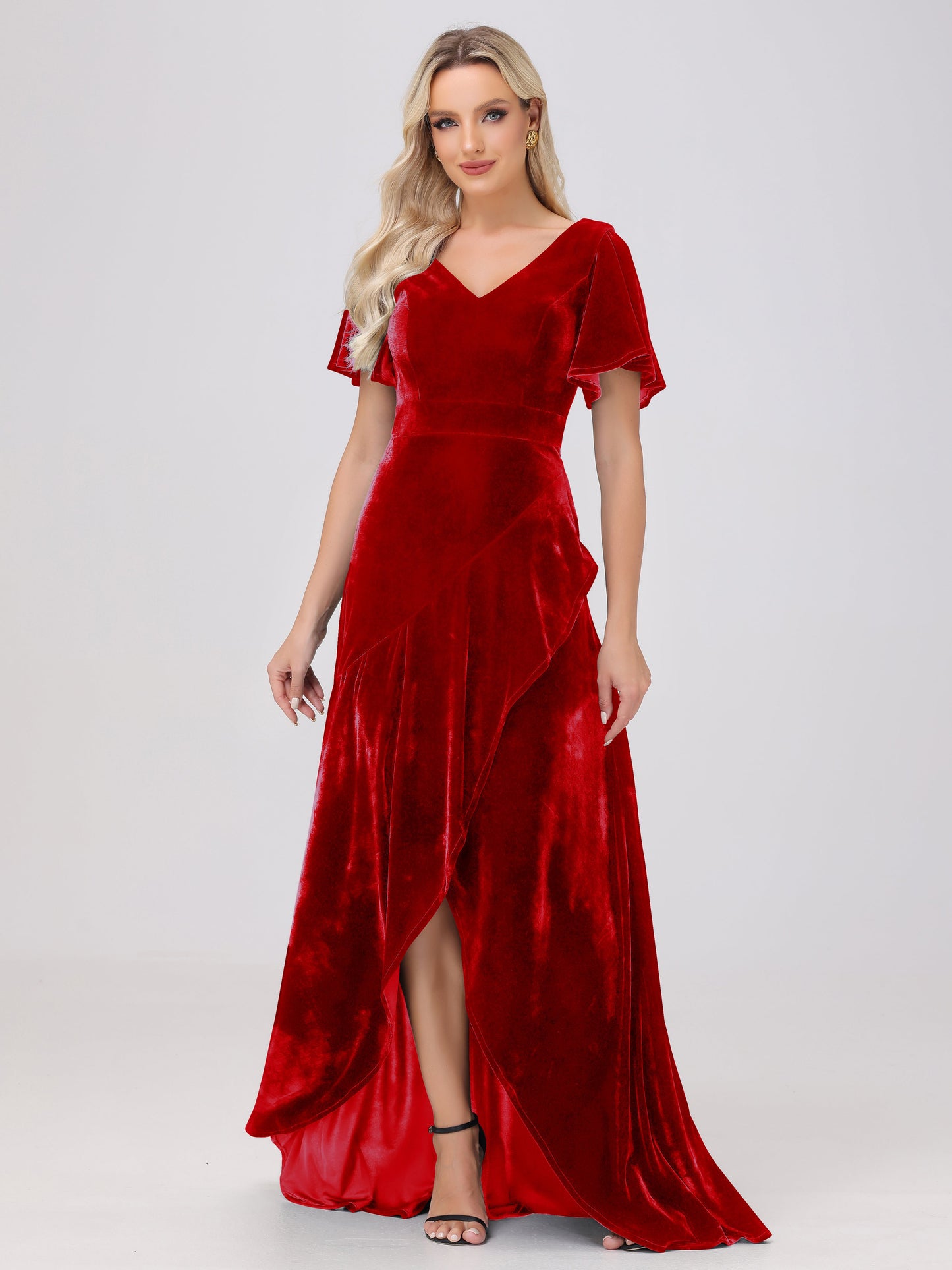 V-Neck Short Sleeves Ruffles Velvet Bridesmaid Dresses
