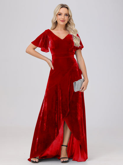 V-Neck Short Sleeves Ruffles Velvet Bridesmaid Dresses
