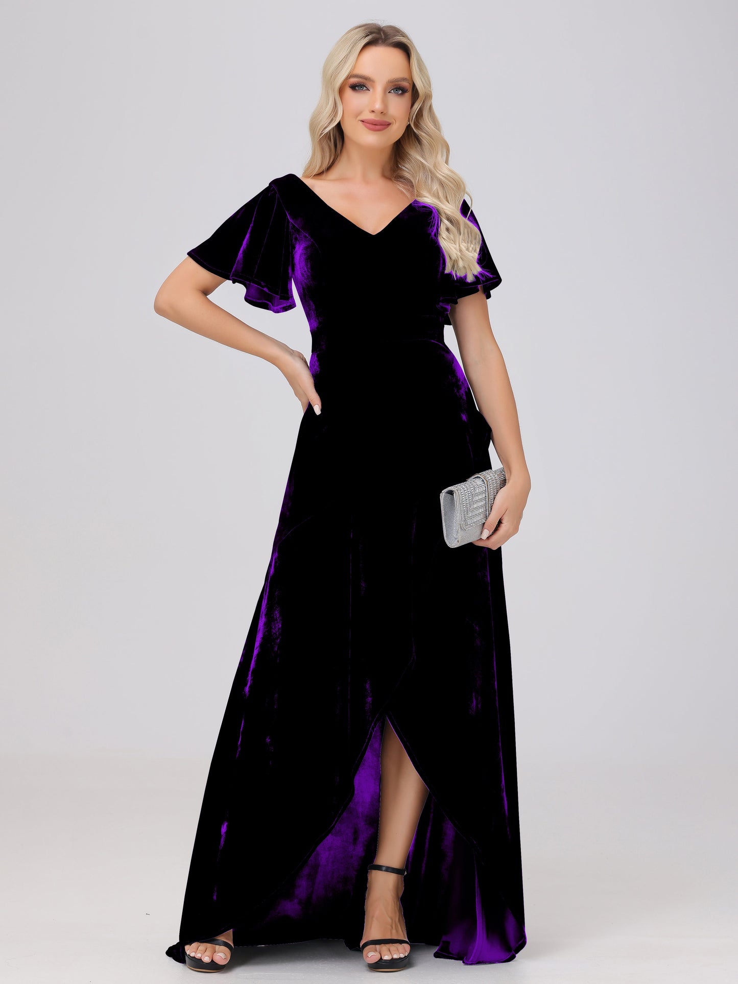 V-Neck Short Sleeves Ruffles Velvet Bridesmaid Dresses