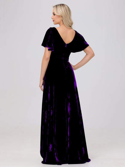 V-Neck Short Sleeves Ruffles Velvet Bridesmaid Dresses