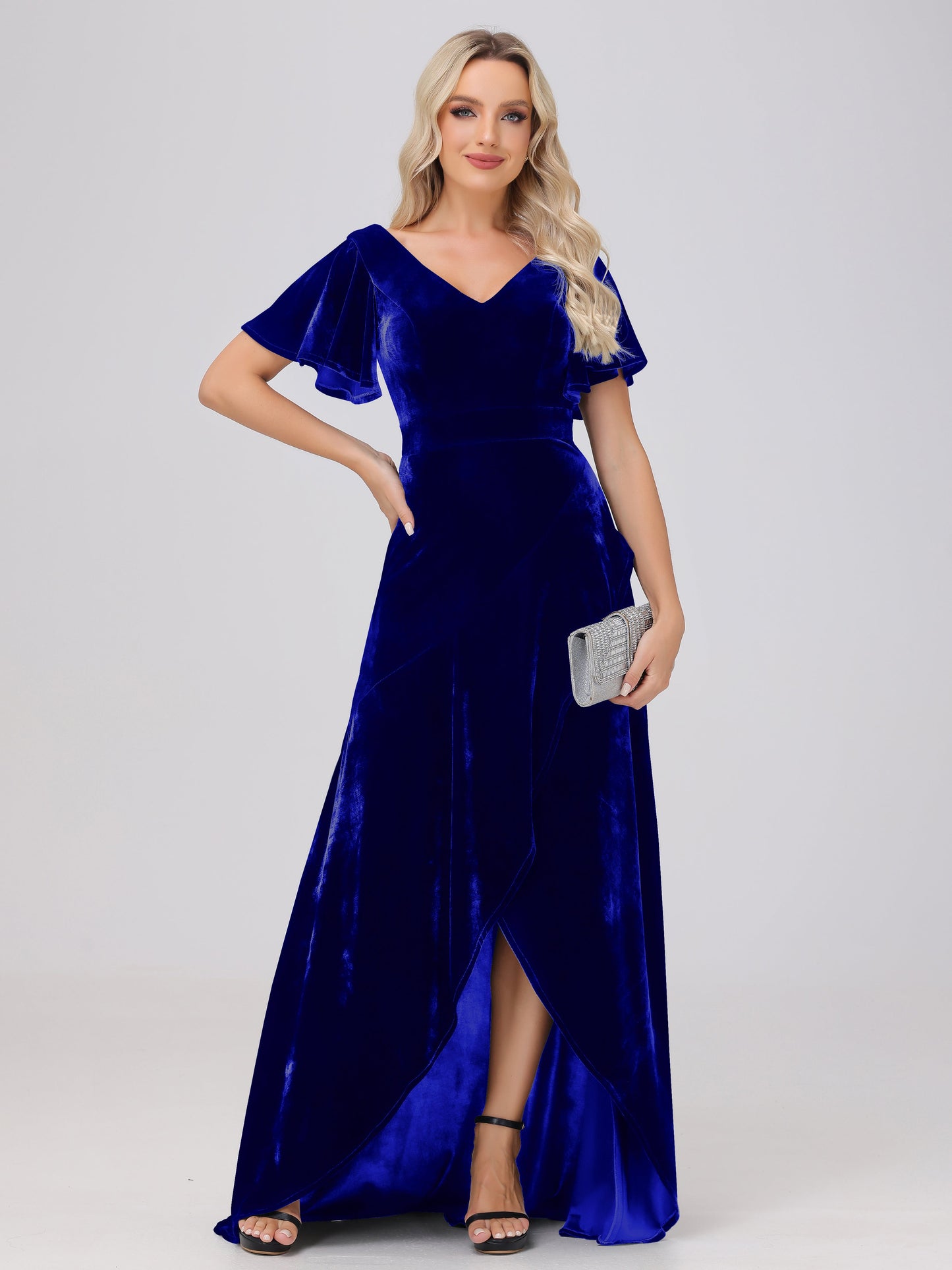 V-Neck Short Sleeves Ruffles Velvet Bridesmaid Dresses