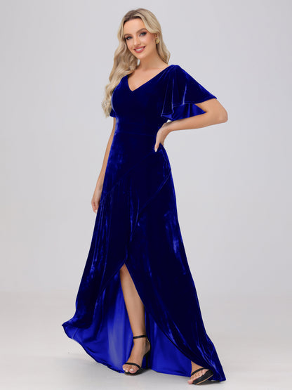 V-Neck Short Sleeves Ruffles Velvet Bridesmaid Dresses