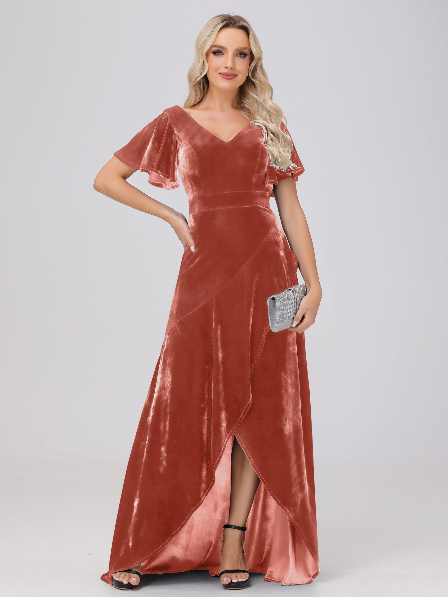 V-Neck Short Sleeves Ruffles Velvet Bridesmaid Dresses