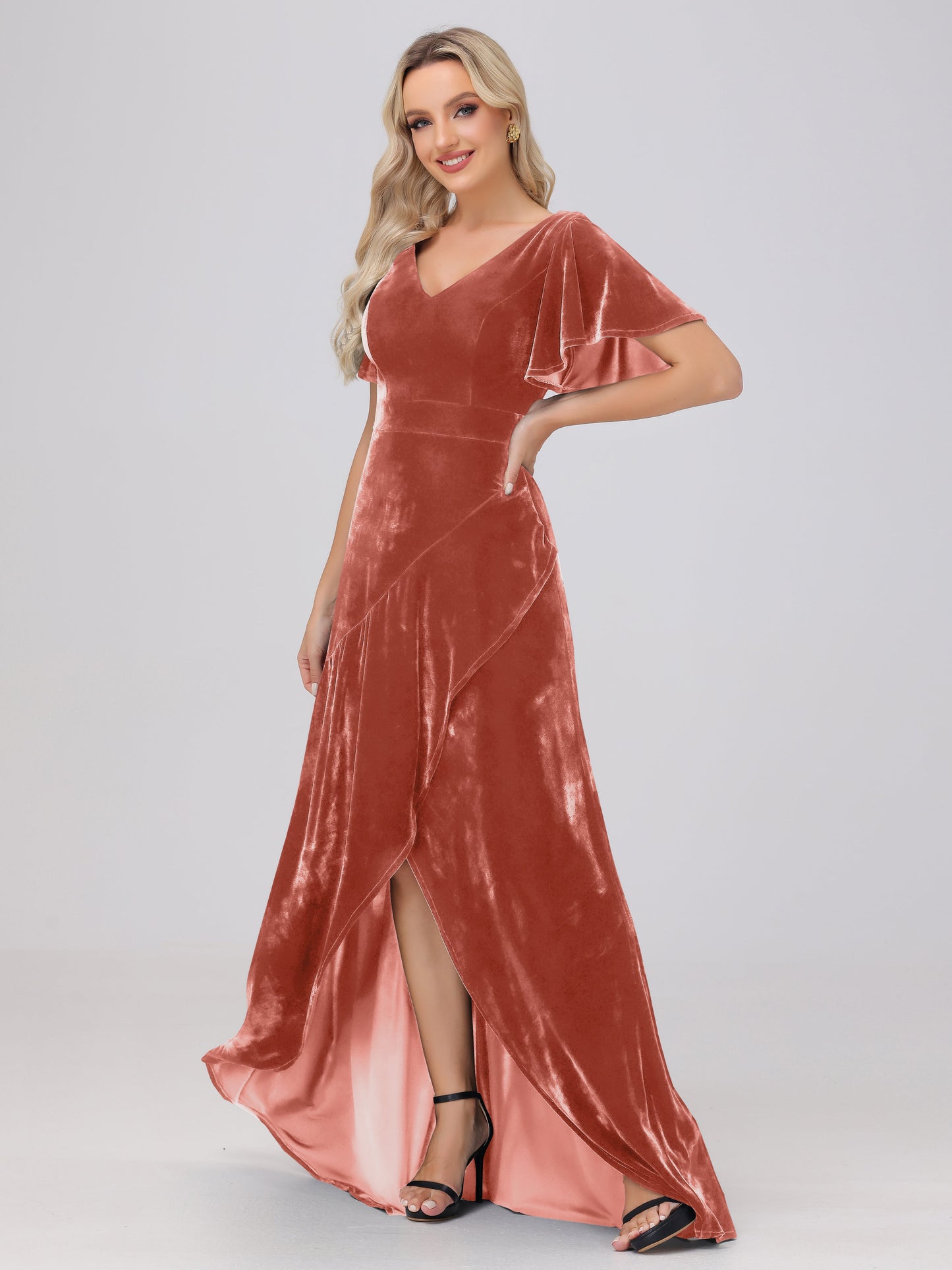 V-Neck Short Sleeves Ruffles Velvet Bridesmaid Dresses