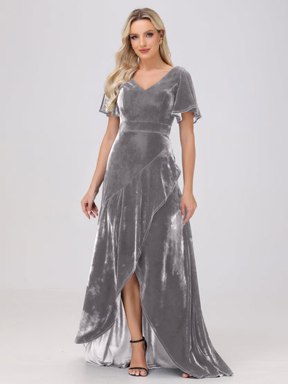 V-Neck Short Sleeves Ruffles Velvet Bridesmaid Dresses