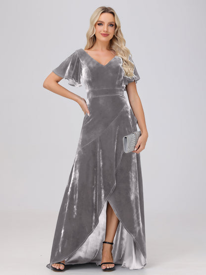 V-Neck Short Sleeves Ruffles Velvet Bridesmaid Dresses