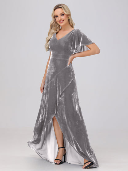 V-Neck Short Sleeves Ruffles Velvet Bridesmaid Dresses