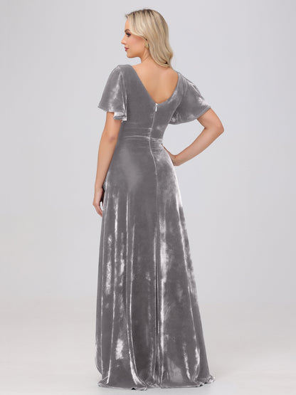 V-Neck Short Sleeves Ruffles Velvet Bridesmaid Dresses