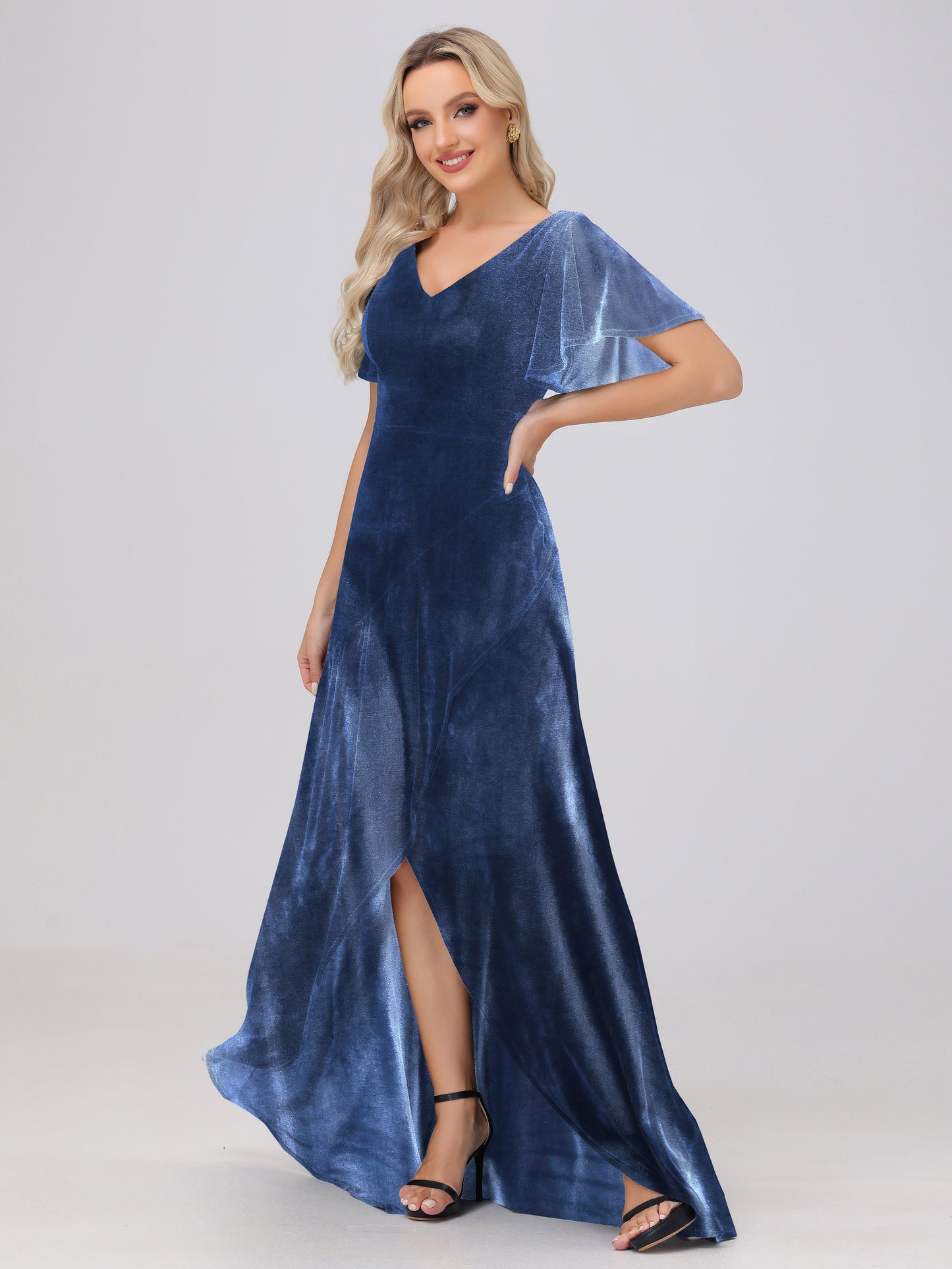 V-Neck Short Sleeves Ruffles Velvet Bridesmaid Dresses