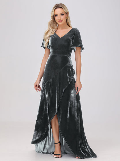 V-Neck Short Sleeves Ruffles Velvet Bridesmaid Dresses