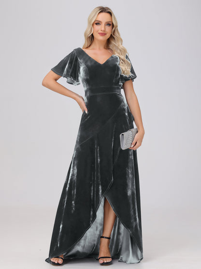 V-Neck Short Sleeves Ruffles Velvet Bridesmaid Dresses