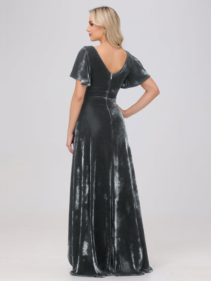 V-Neck Short Sleeves Ruffles Velvet Bridesmaid Dresses
