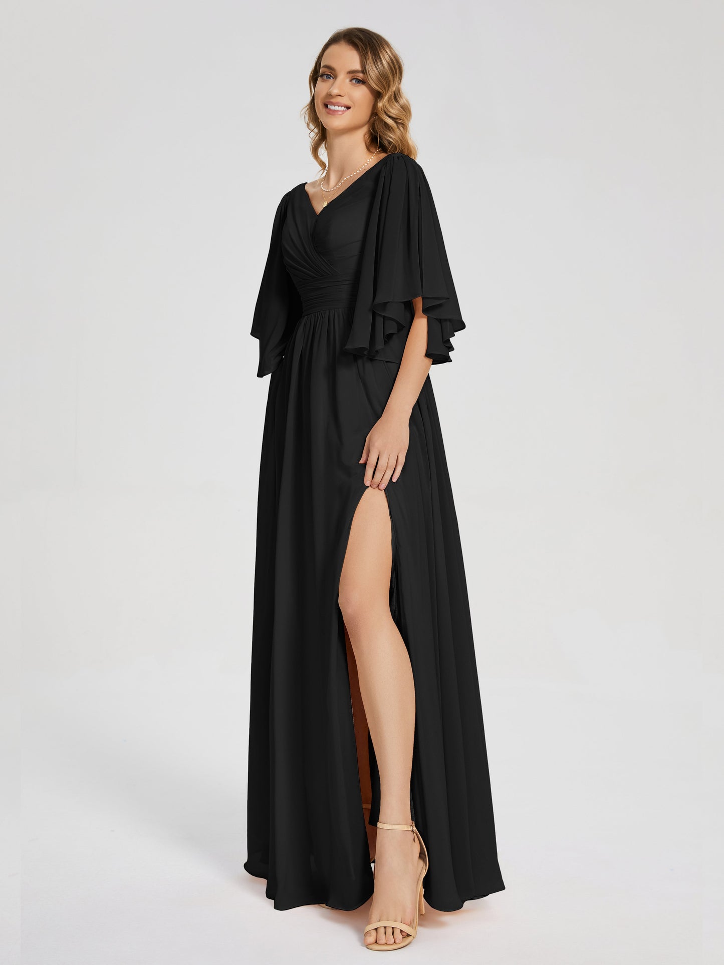 Giselle V-neck Half Sleeves Slit Bridesmaid Dress
