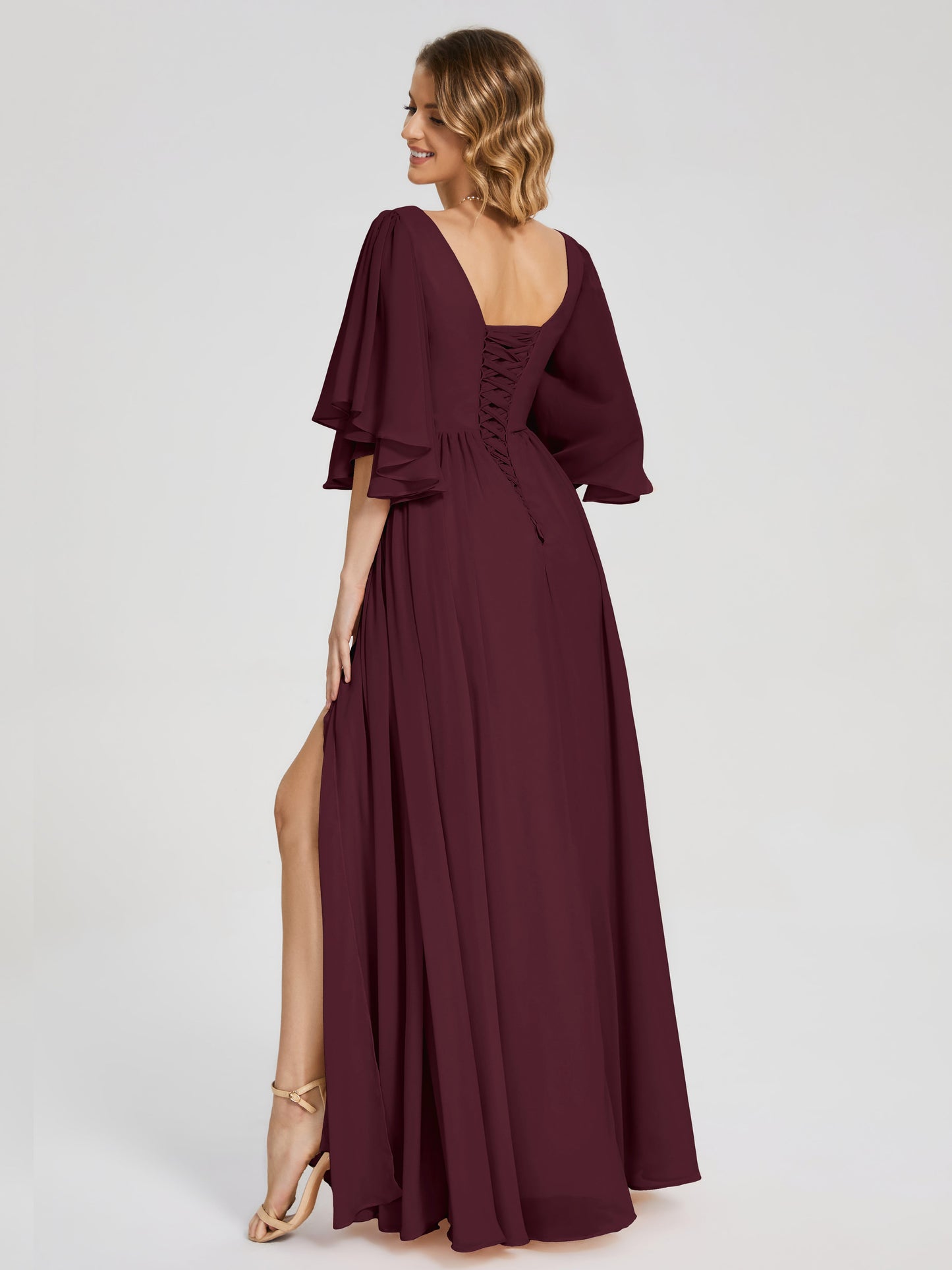 Giselle V-neck Half Sleeves Slit Bridesmaid Dress