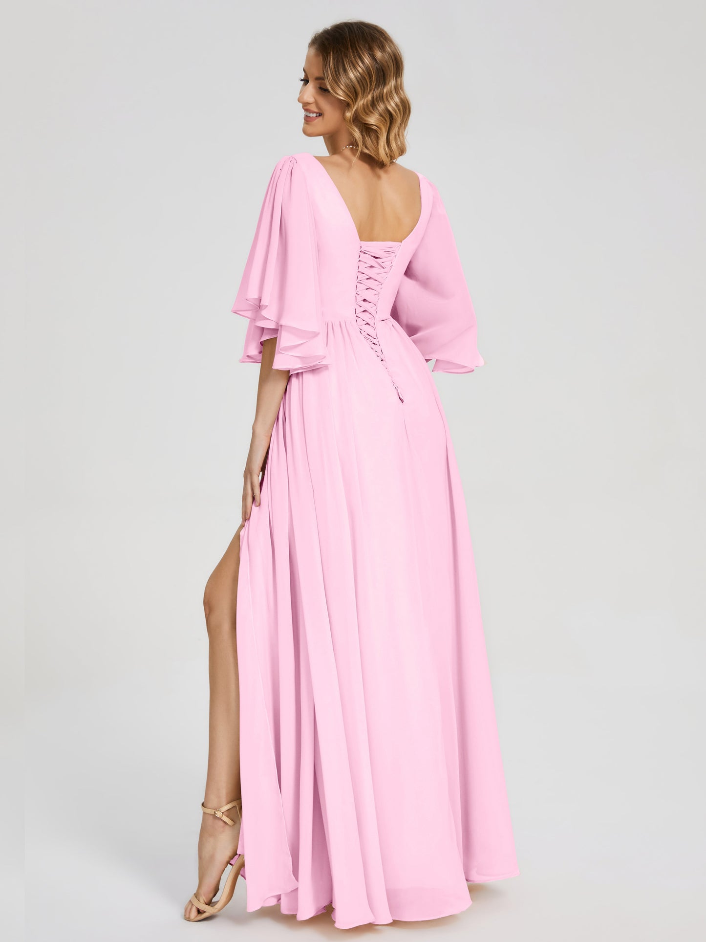 Giselle V-neck Half Sleeves Slit Bridesmaid Dress