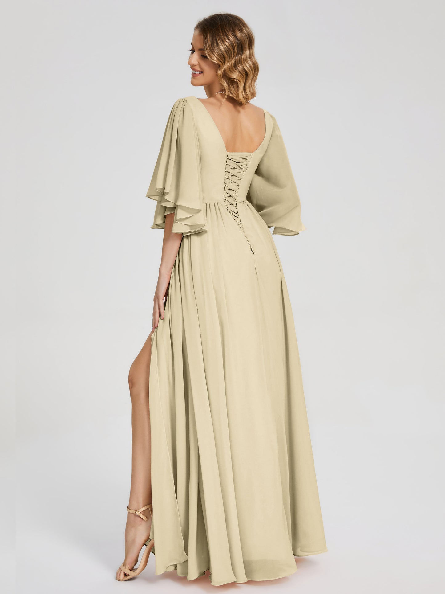 Giselle V-neck Half Sleeves Slit Bridesmaid Dress