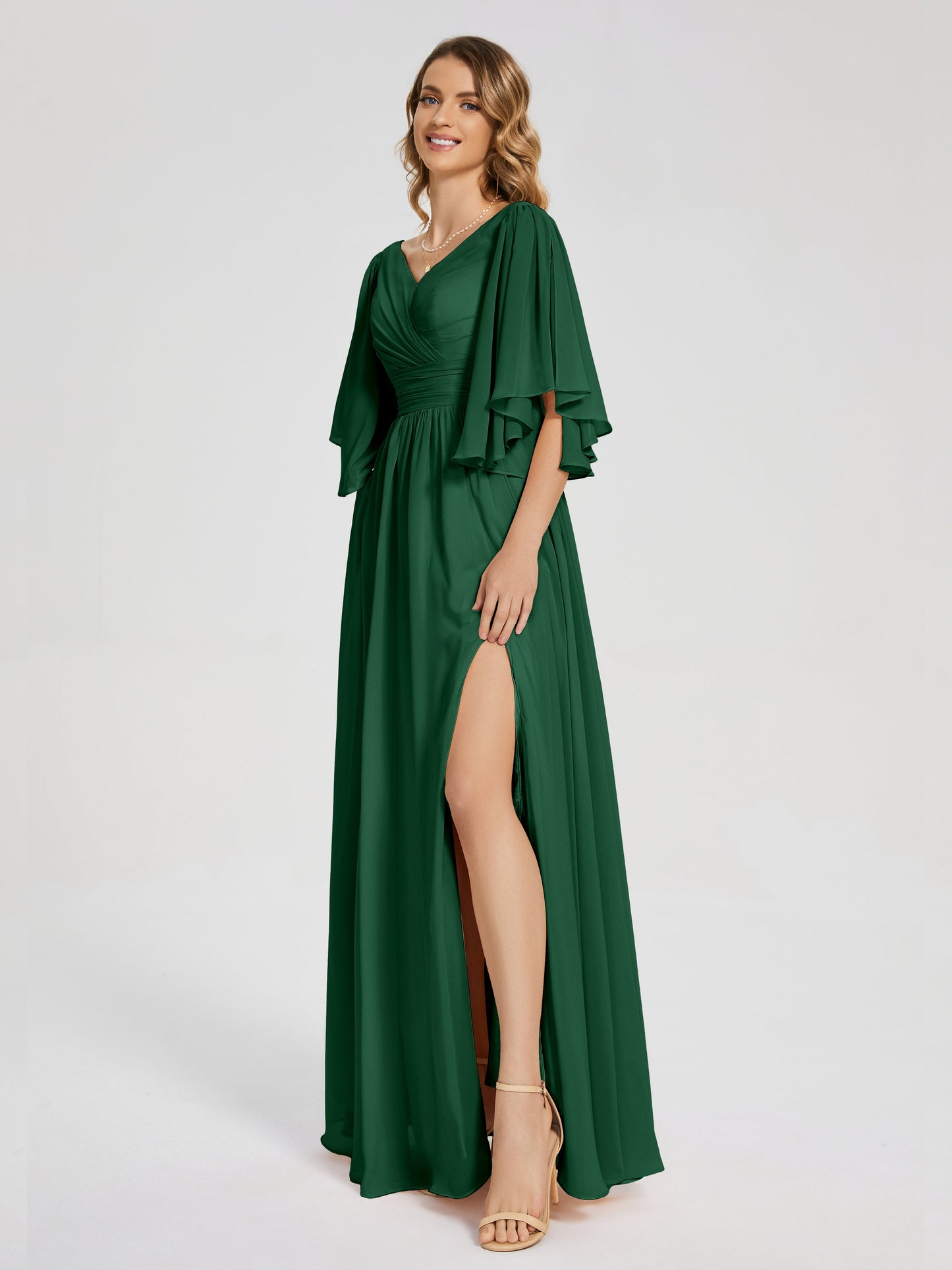 Giselle V-neck Half Sleeves Slit Bridesmaid Dress