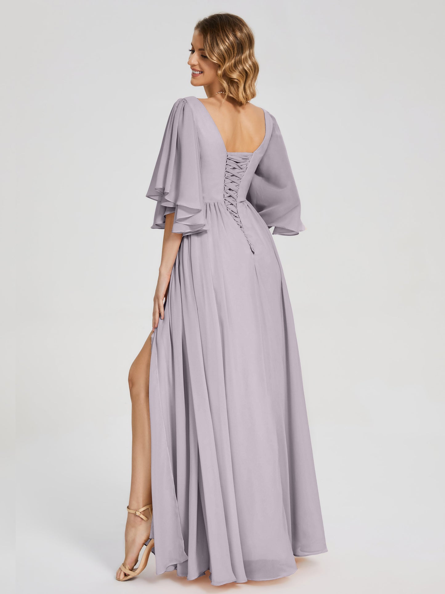 Giselle V-neck Half Sleeves Slit Bridesmaid Dress