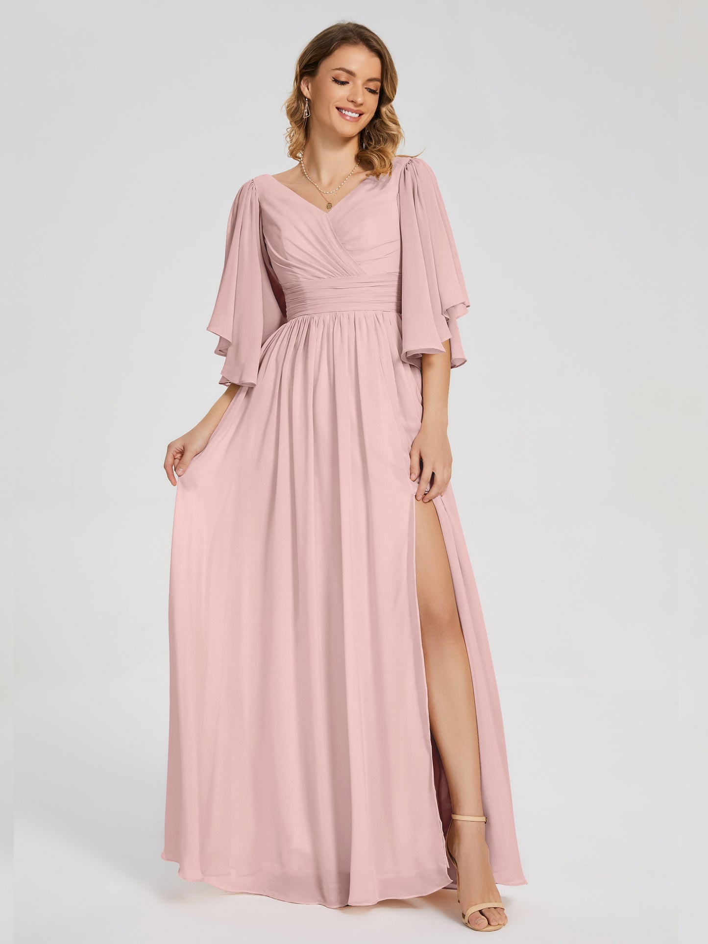Giselle V-neck Half Sleeves Slit Bridesmaid Dress
