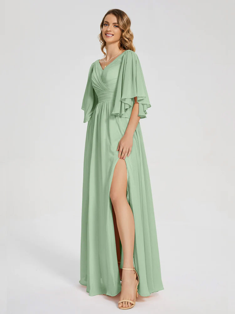 Giselle V-neck Half Sleeves Slit Bridesmaid Dress
