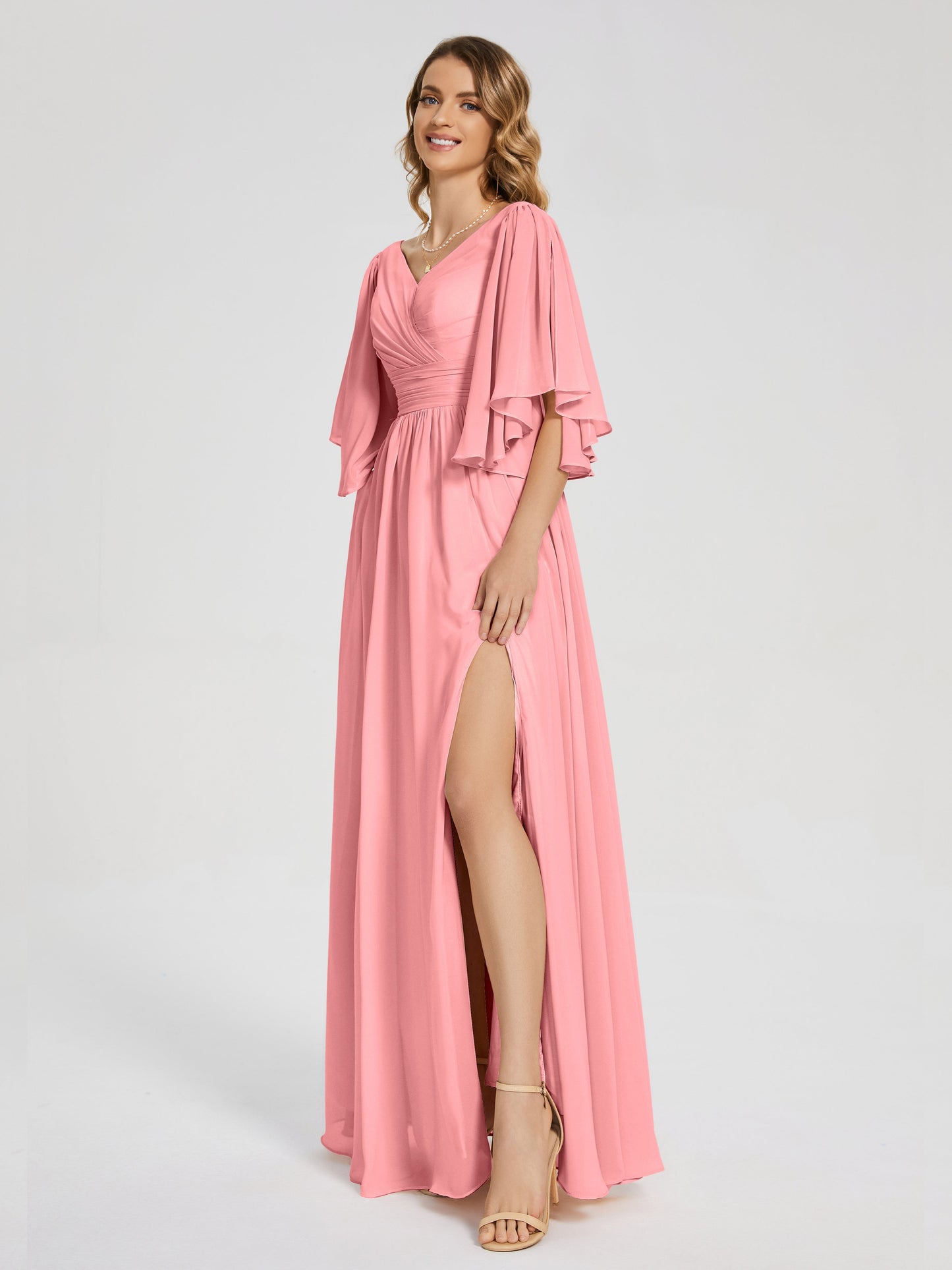 Giselle V-neck Half Sleeves Slit Bridesmaid Dress