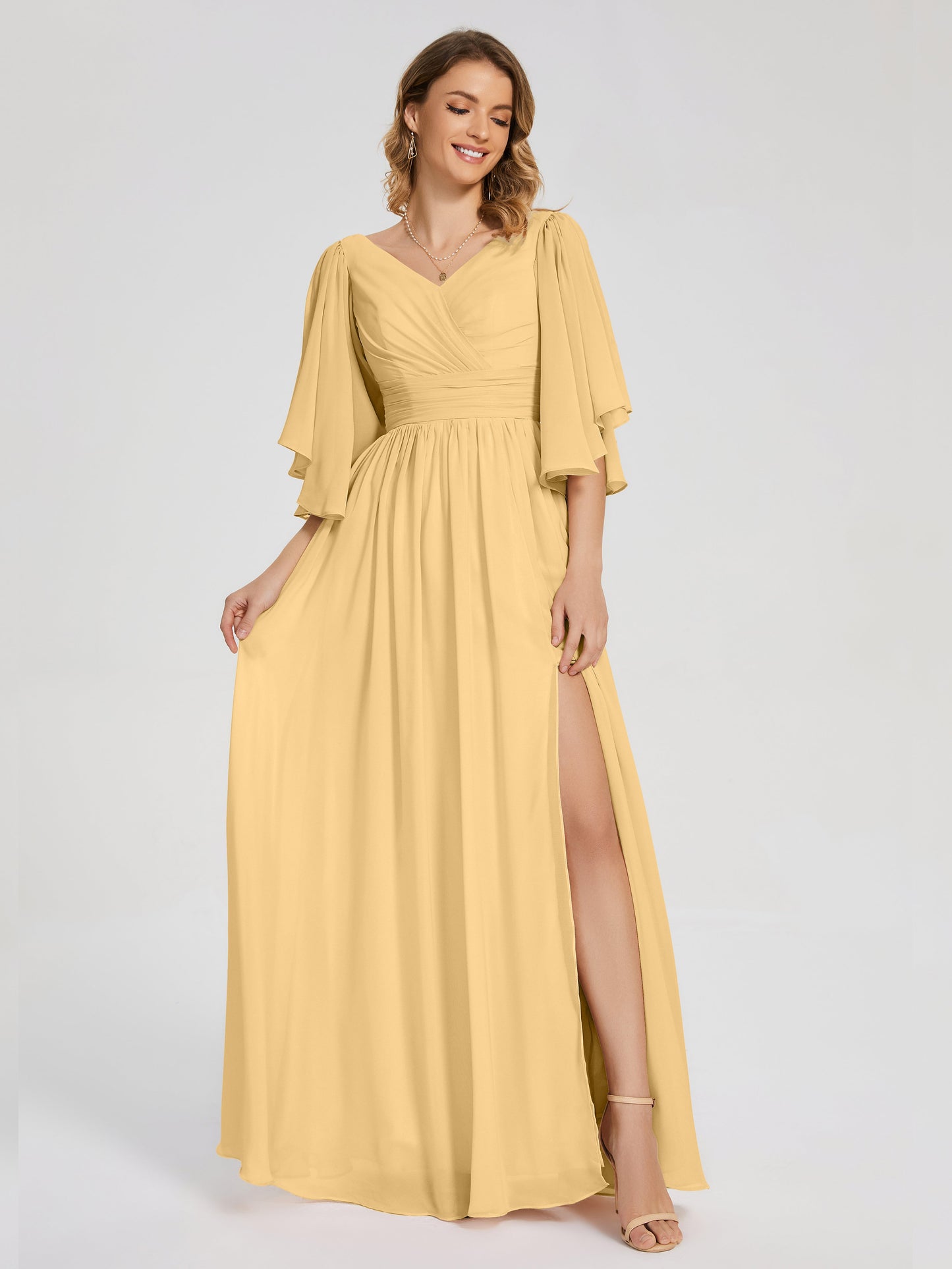 Giselle V-neck Half Sleeves Slit Bridesmaid Dress