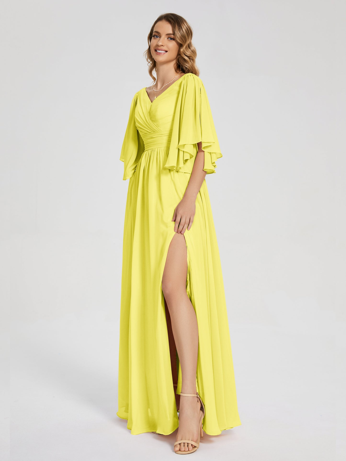 Giselle V-neck Half Sleeves Slit Bridesmaid Dress