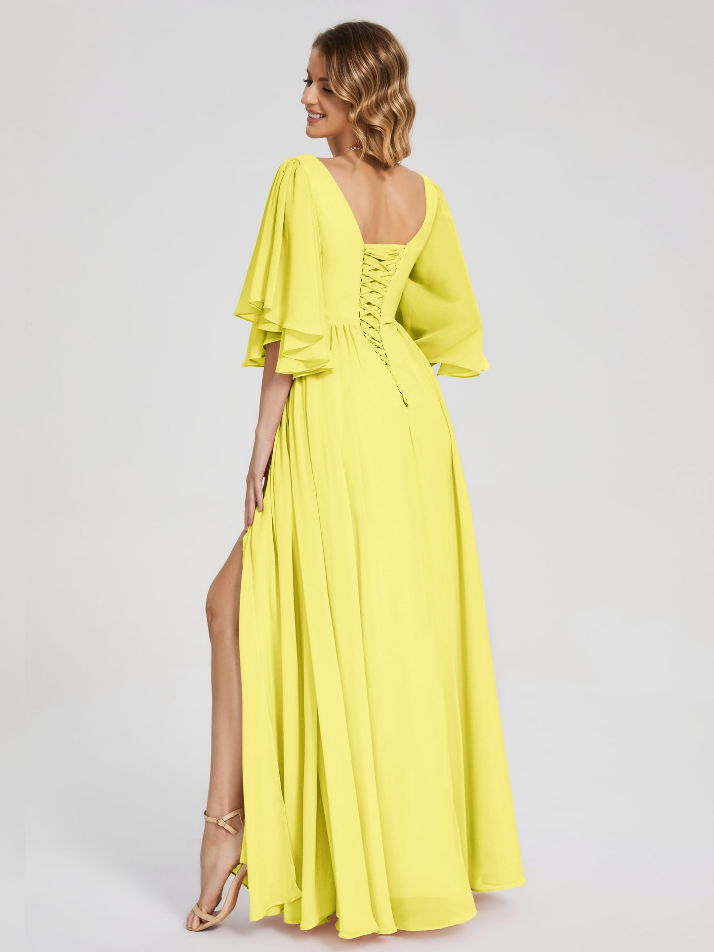 Giselle V-neck Half Sleeves Slit Bridesmaid Dress