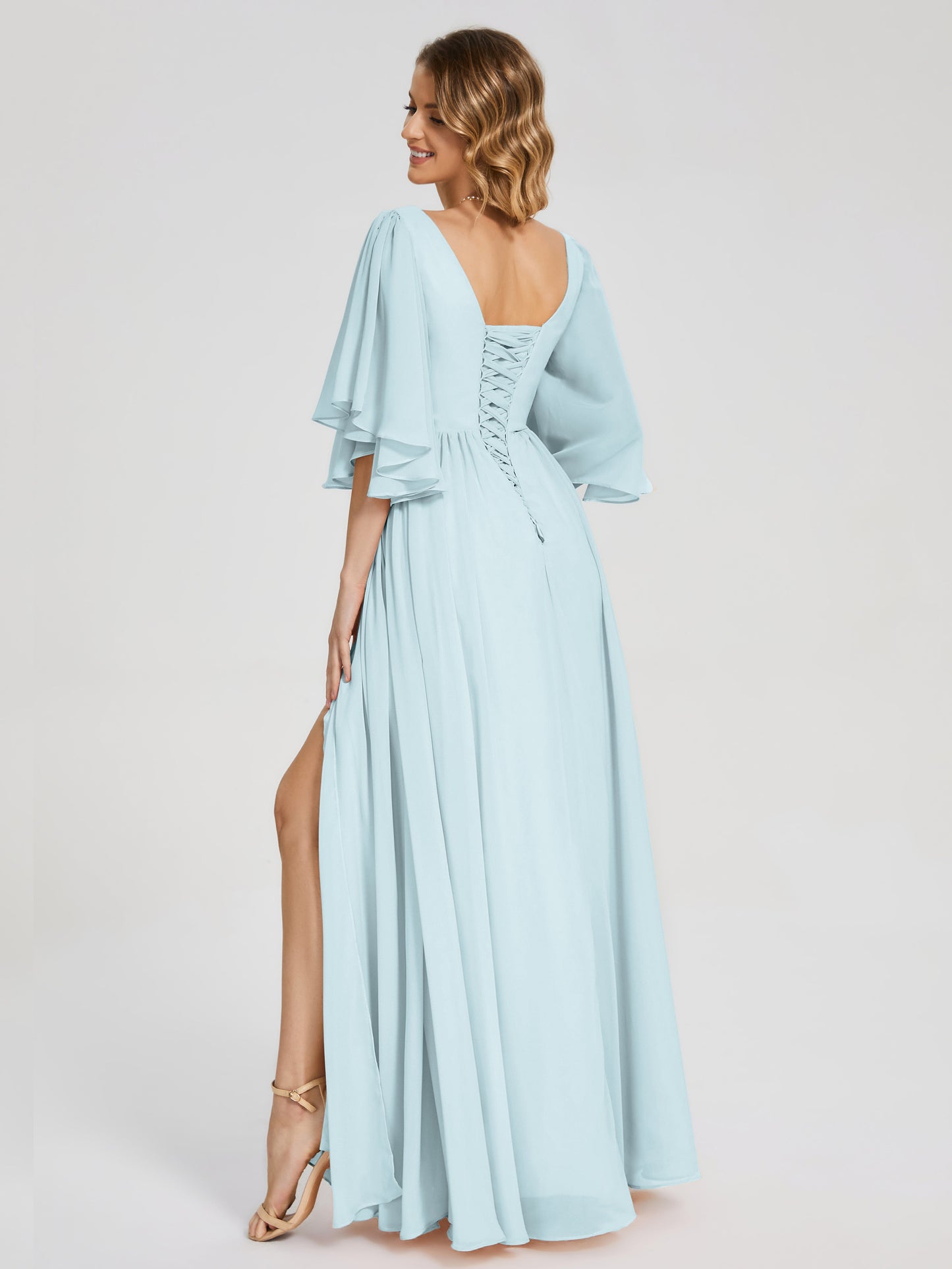 Giselle V-neck Half Sleeves Slit Bridesmaid Dress