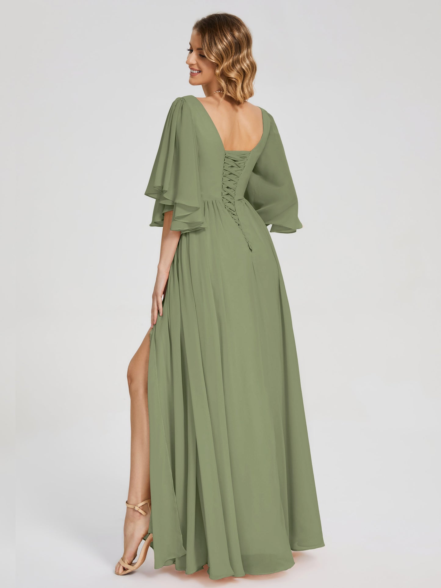 Giselle V-neck Half Sleeves Slit Bridesmaid Dress