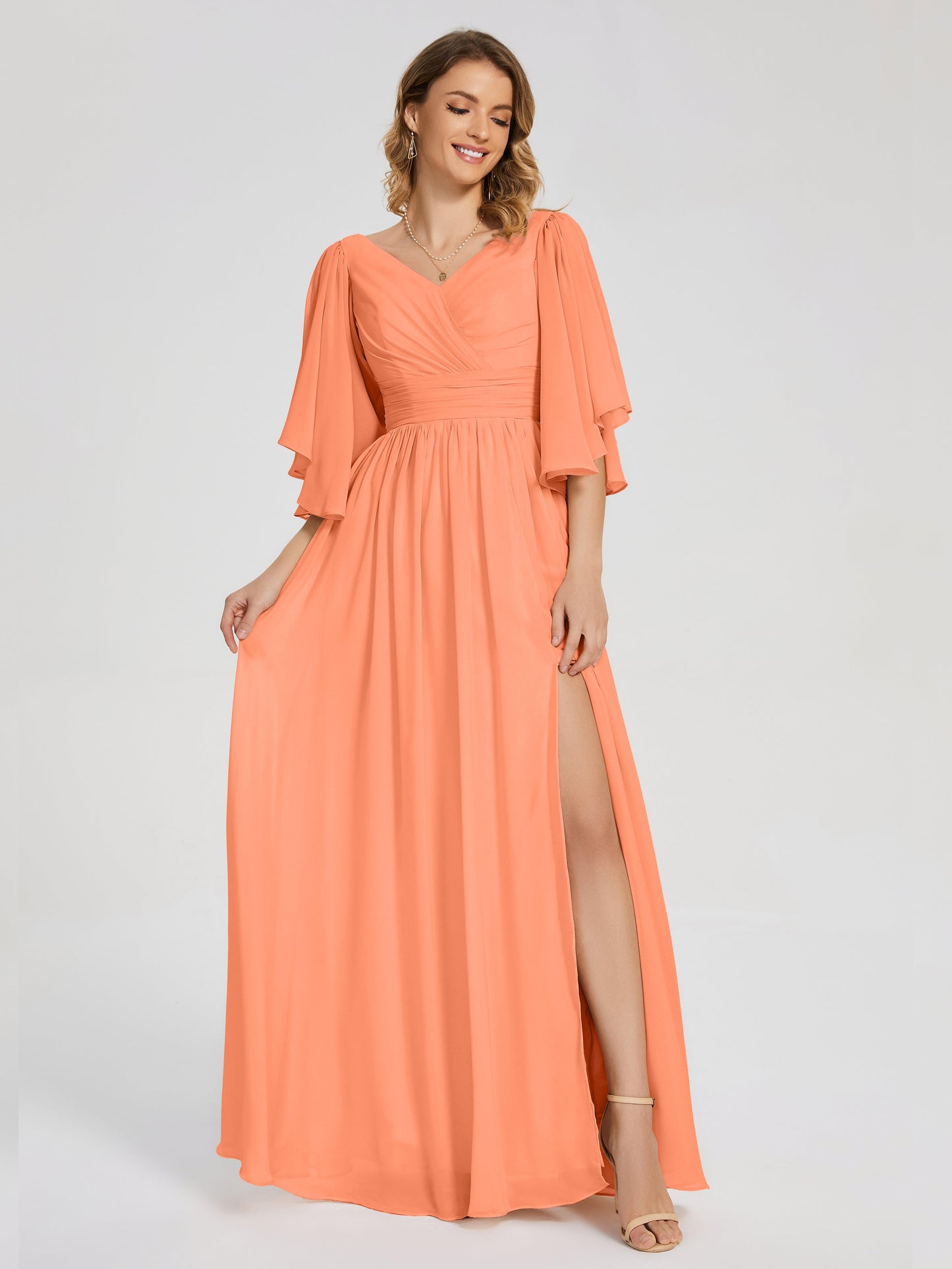 Giselle V-neck Half Sleeves Slit Bridesmaid Dress