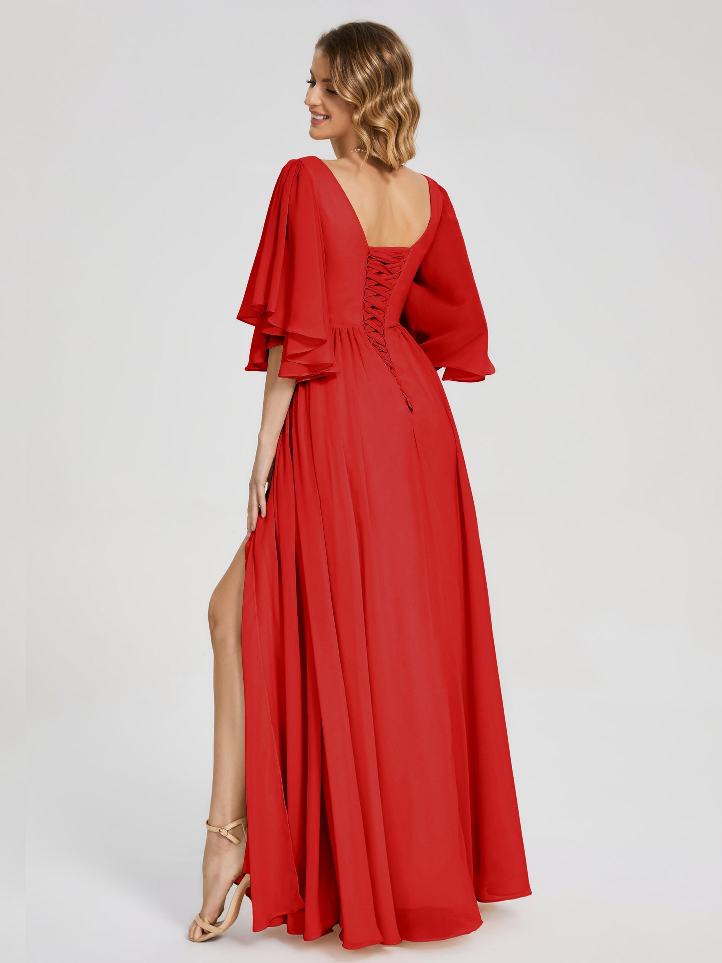 Giselle V-neck Half Sleeves Slit Bridesmaid Dress