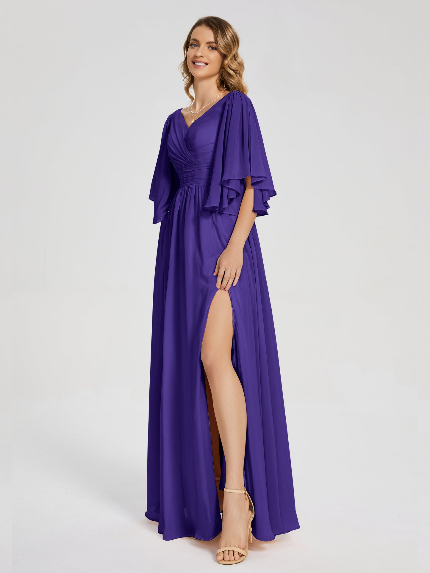 Giselle V-neck Half Sleeves Slit Bridesmaid Dress
