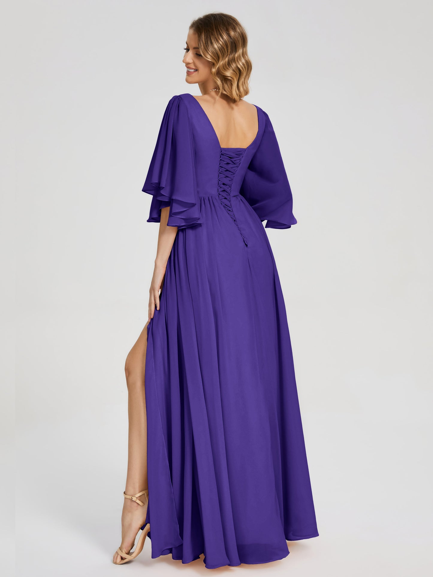 Giselle V-neck Half Sleeves Slit Bridesmaid Dress