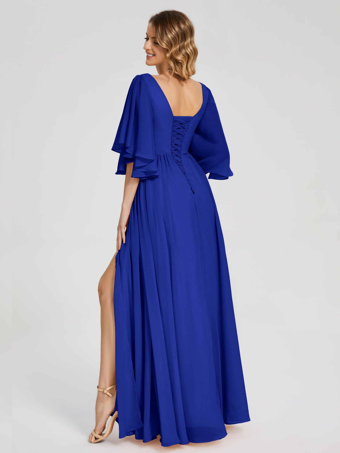 Giselle V-neck Half Sleeves Slit Bridesmaid Dress