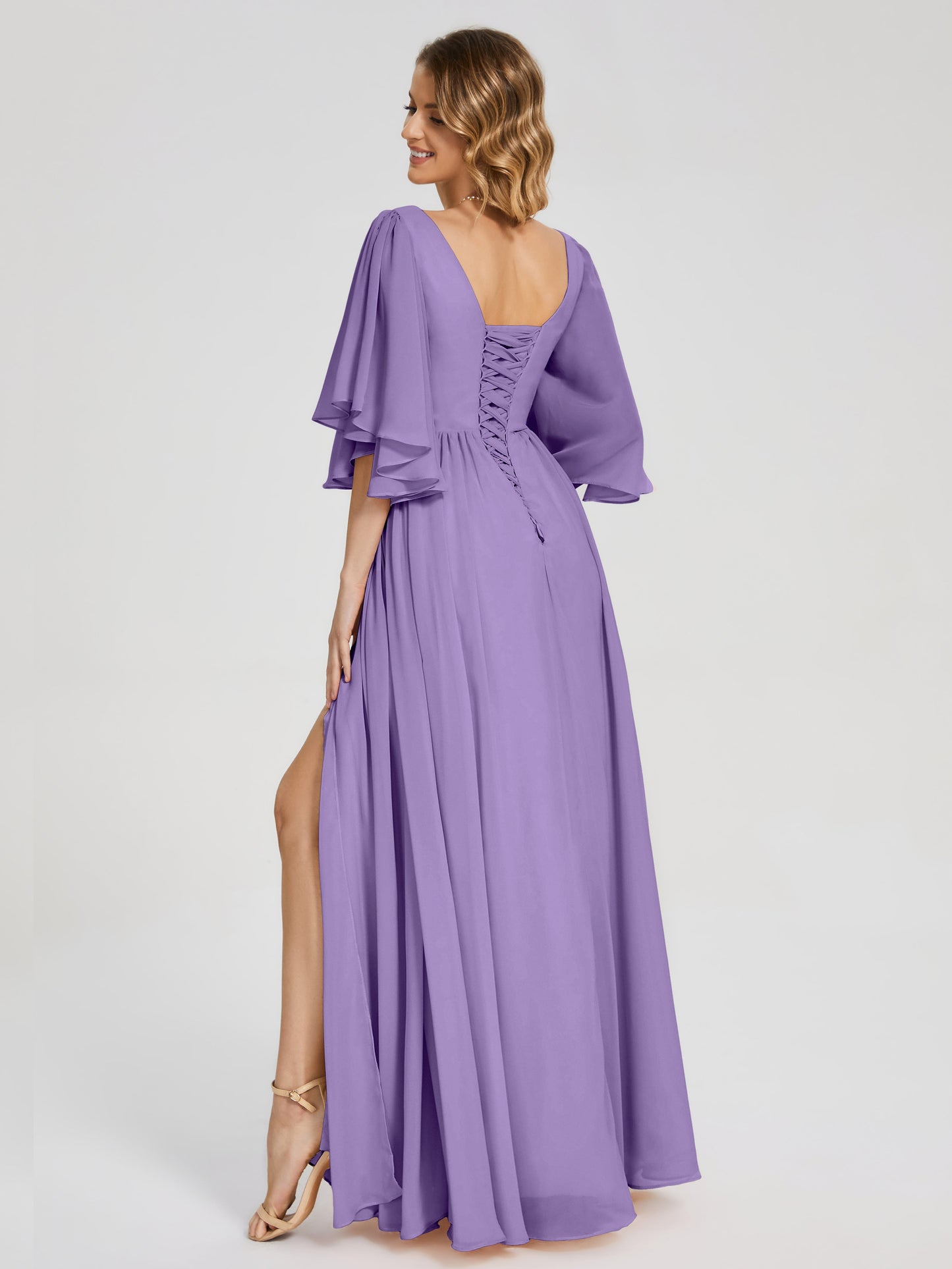 Giselle V-neck Half Sleeves Slit Bridesmaid Dress