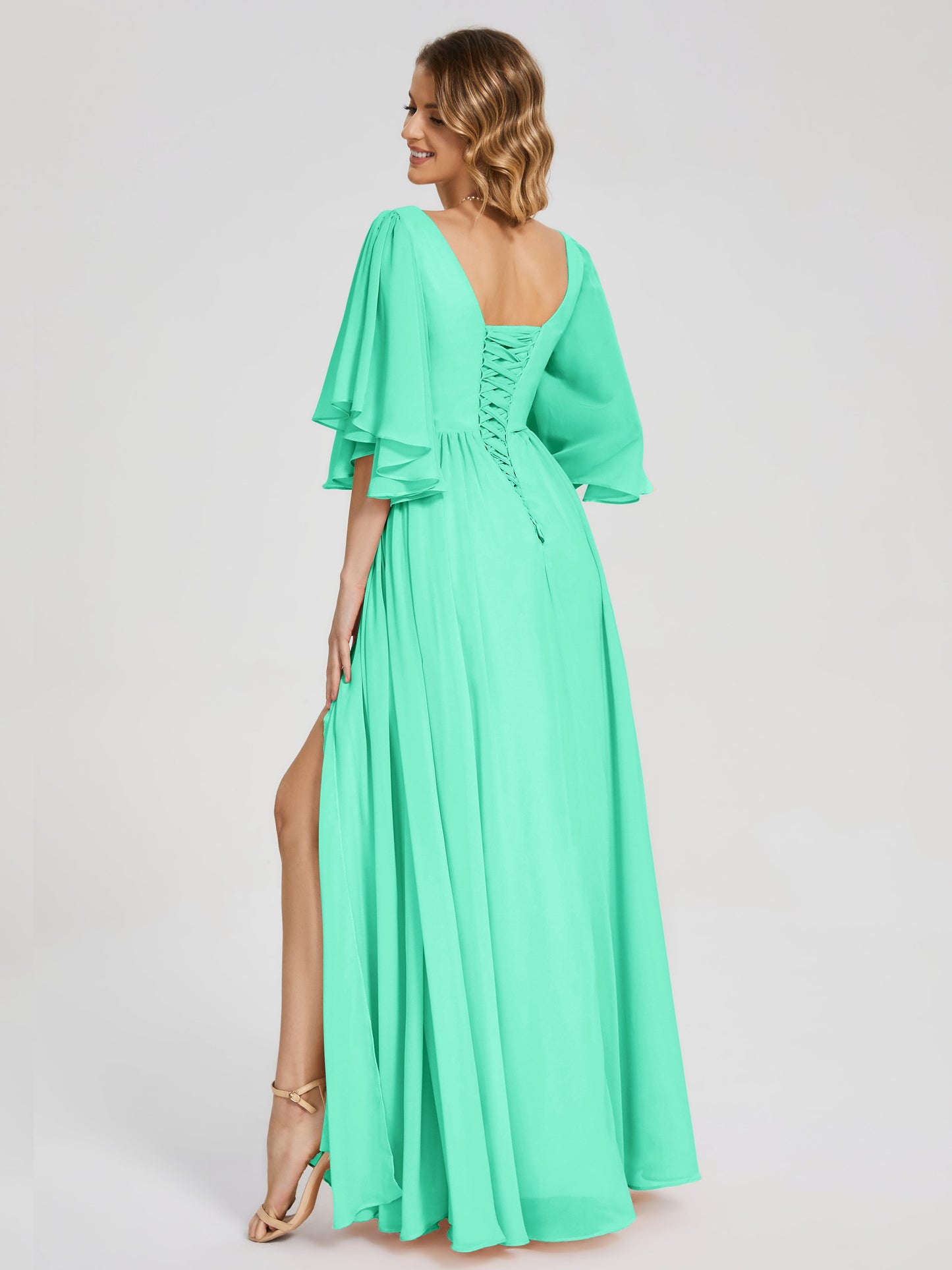 Giselle V-neck Half Sleeves Slit Bridesmaid Dress