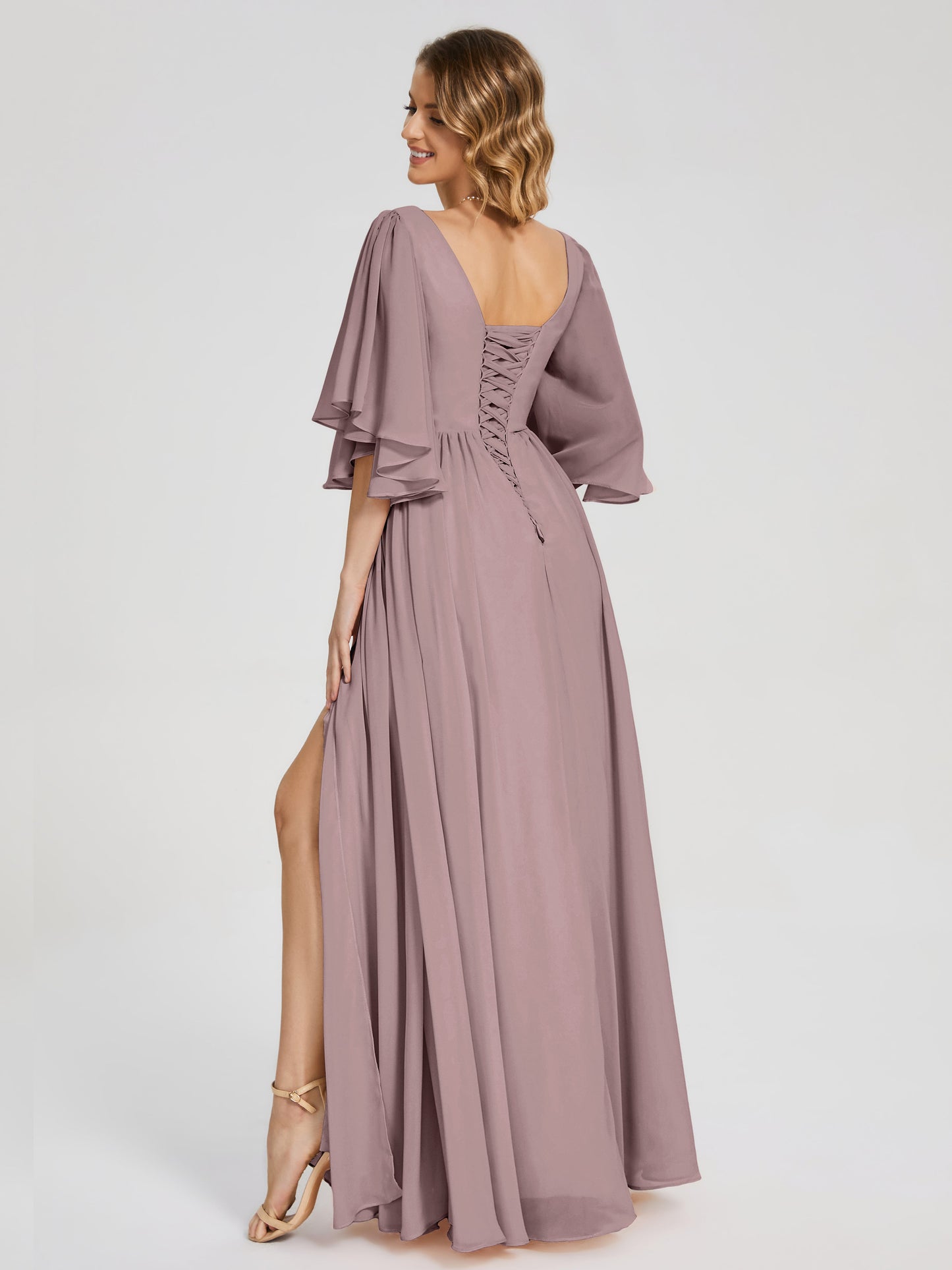 Giselle V-neck Half Sleeves Slit Bridesmaid Dress