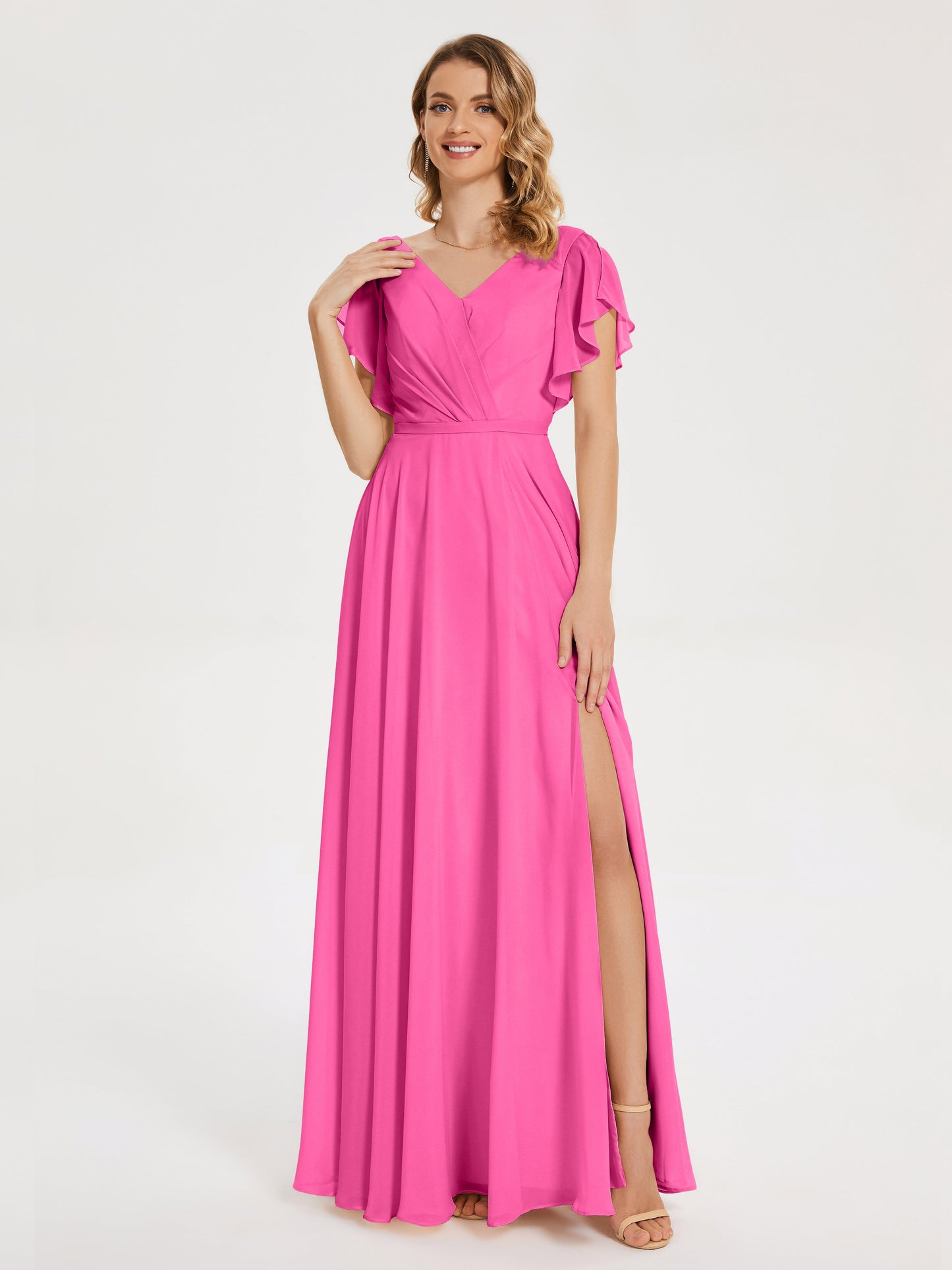Kate V-neck Pleats Chiffon Bridesmaid Dress with Ruffles