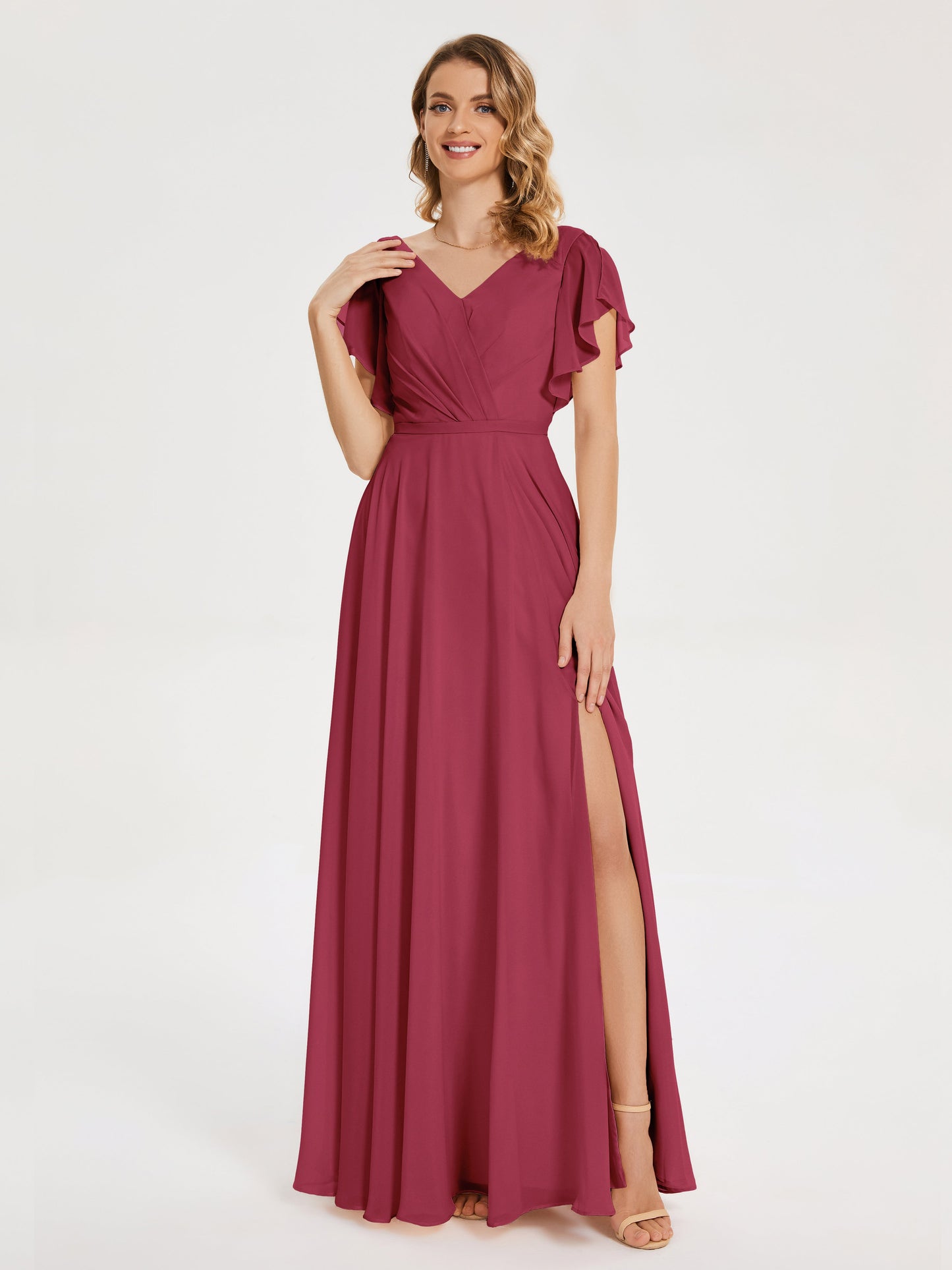 Kate V-neck Pleats Chiffon Bridesmaid Dress with Ruffles