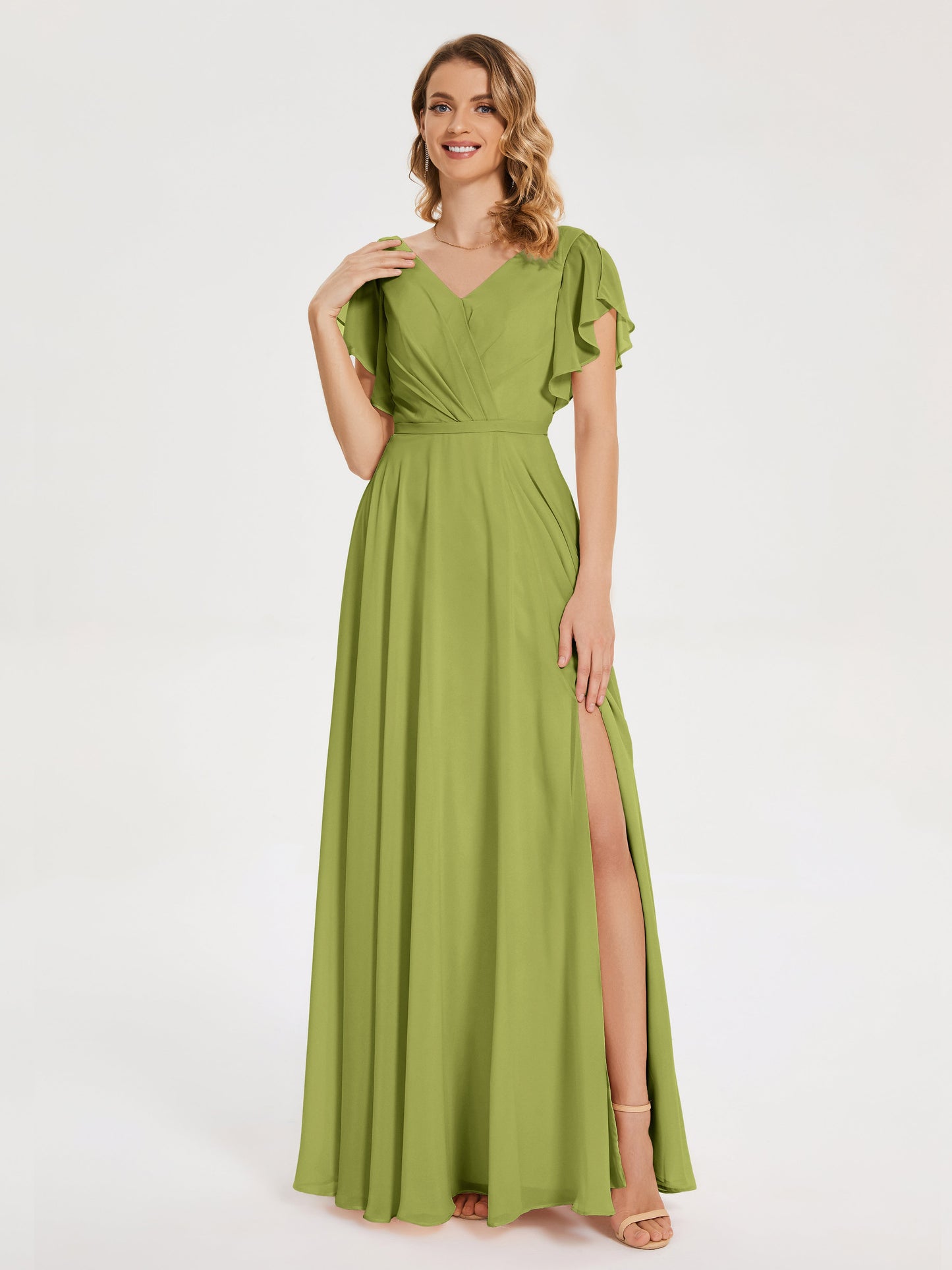 Kate V-neck Pleats Chiffon Bridesmaid Dress with Ruffles