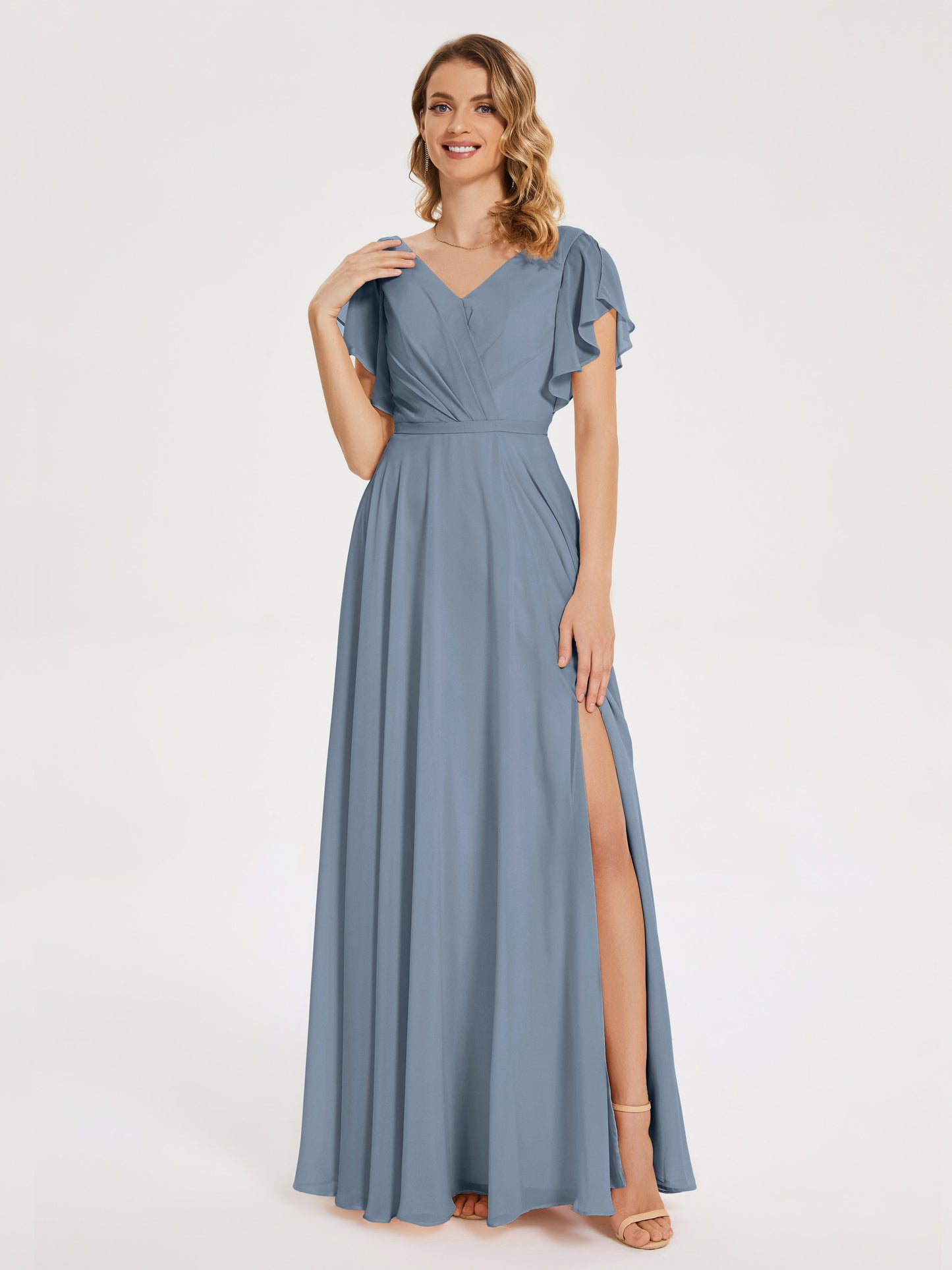 Kate V-neck Pleats Chiffon Bridesmaid Dress with Ruffles