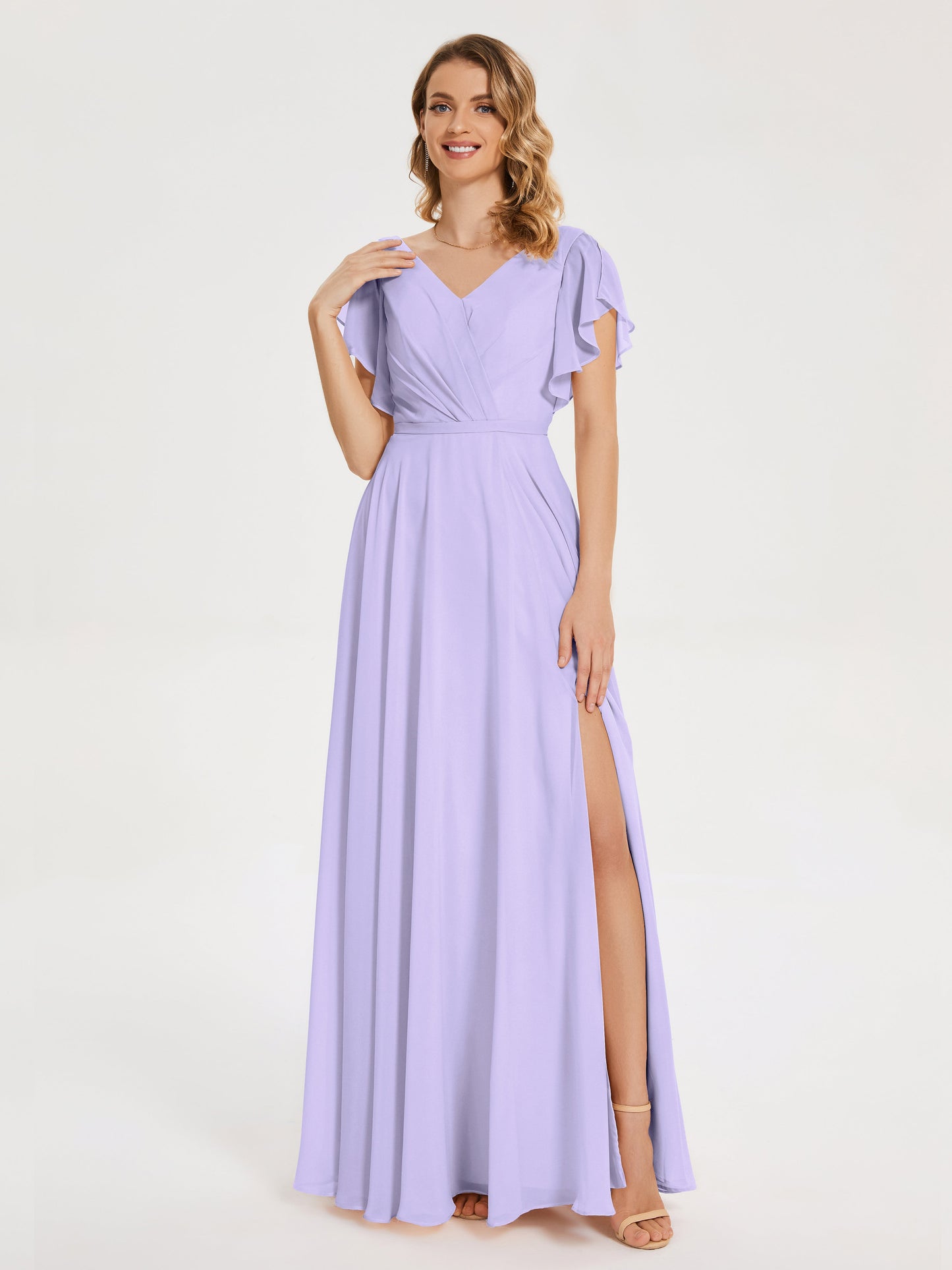 Kate V-neck Pleats Chiffon Bridesmaid Dress with Ruffles