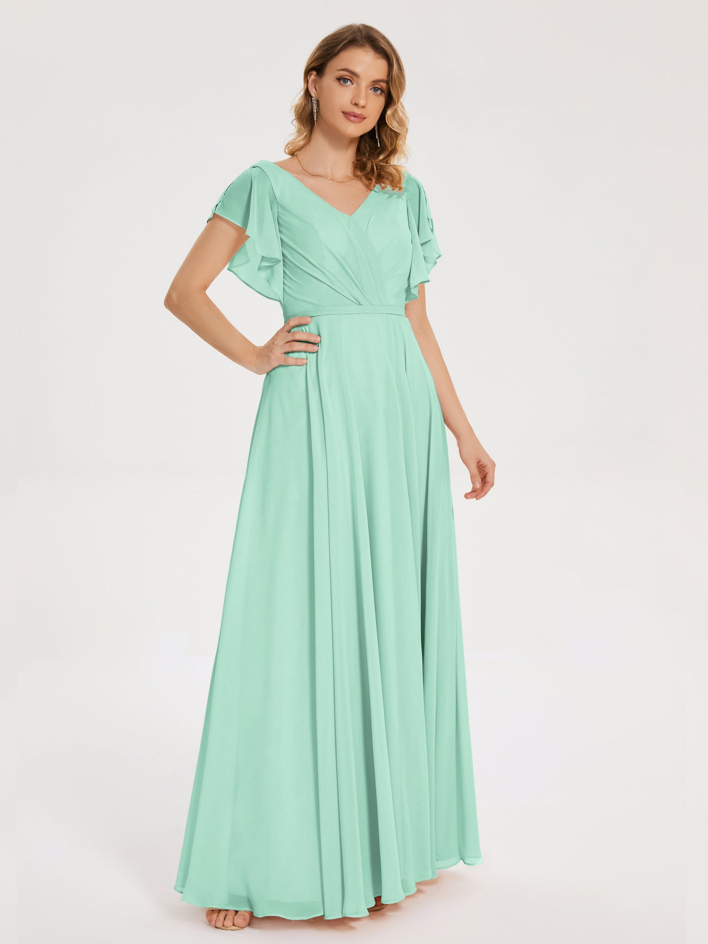 Kate V-neck Pleats Chiffon Bridesmaid Dress with Ruffles