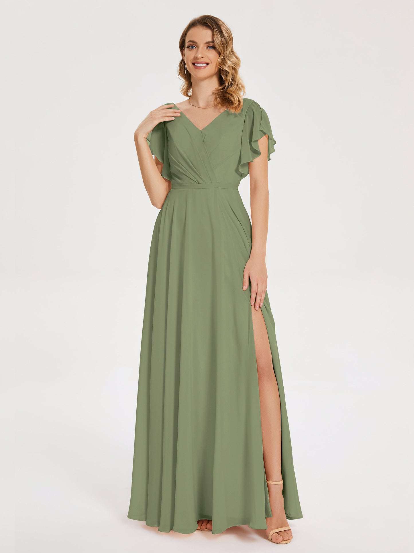 Kate V-neck Pleats Chiffon Bridesmaid Dress with Ruffles