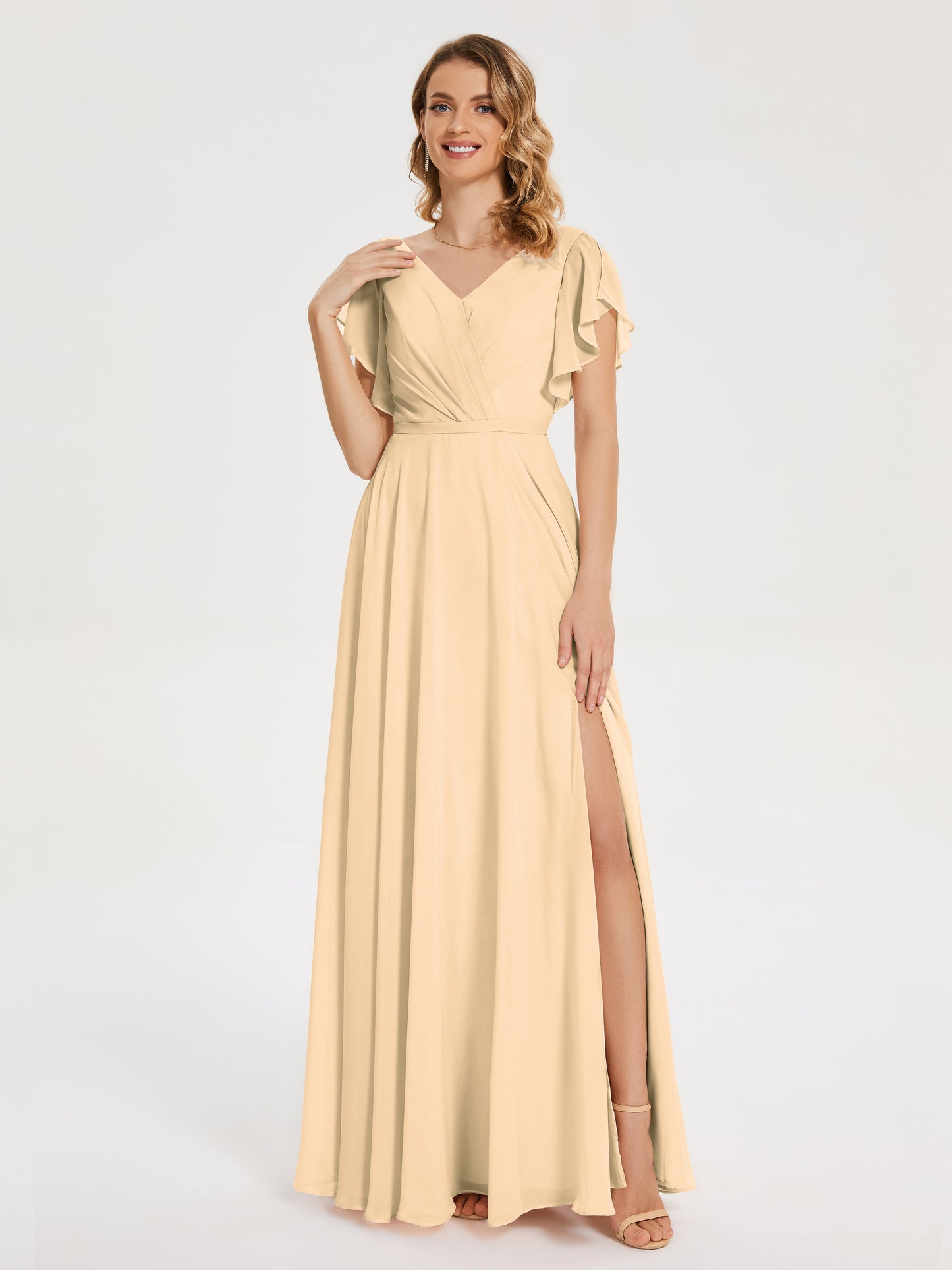 Kate V-neck Pleats Chiffon Bridesmaid Dress with Ruffles