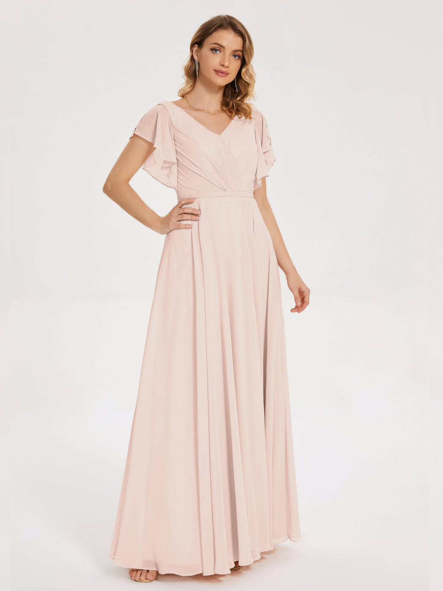 Kate V-neck Pleats Chiffon Bridesmaid Dress with Ruffles