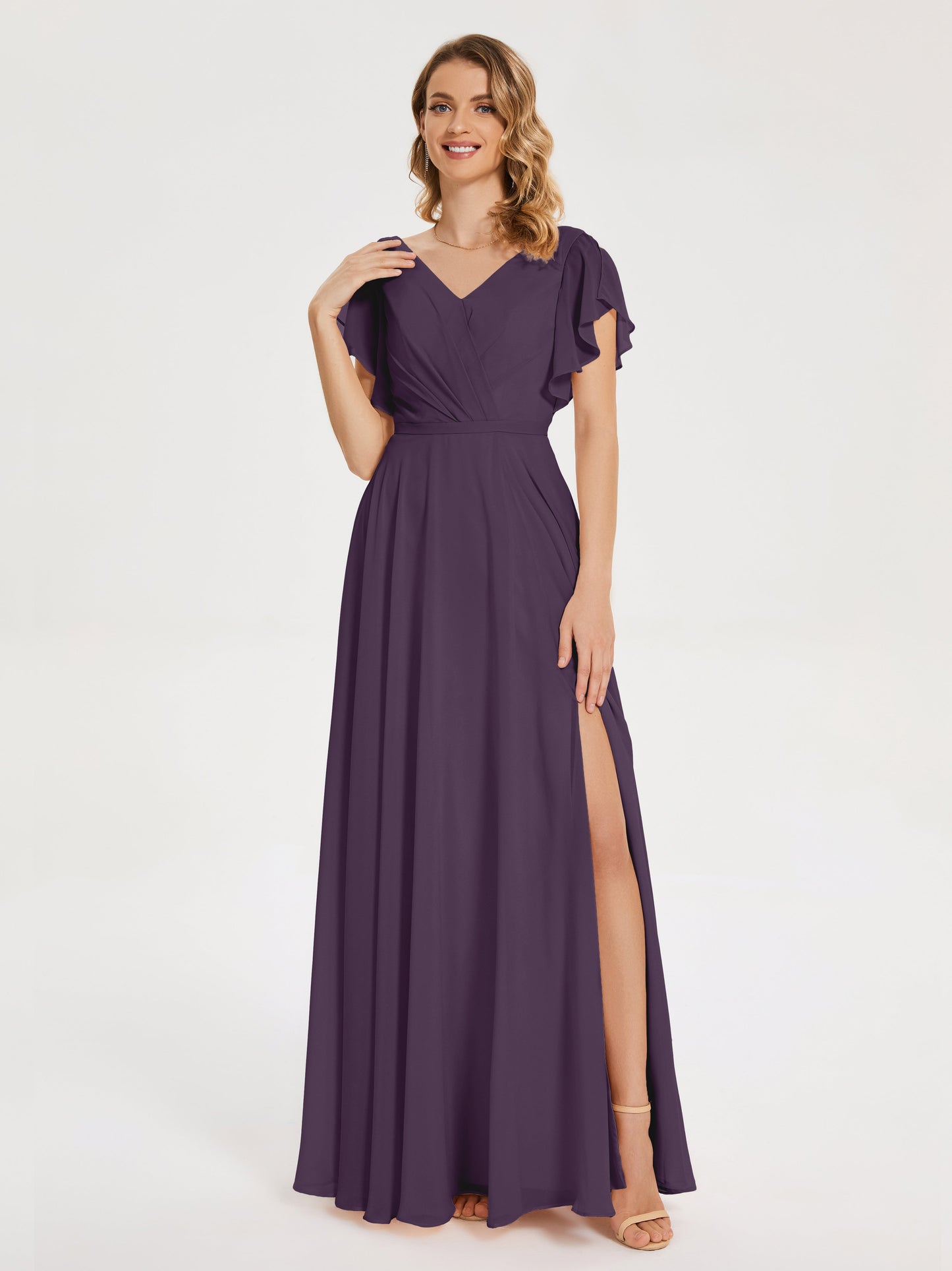 Kate V-neck Pleats Chiffon Bridesmaid Dress with Ruffles